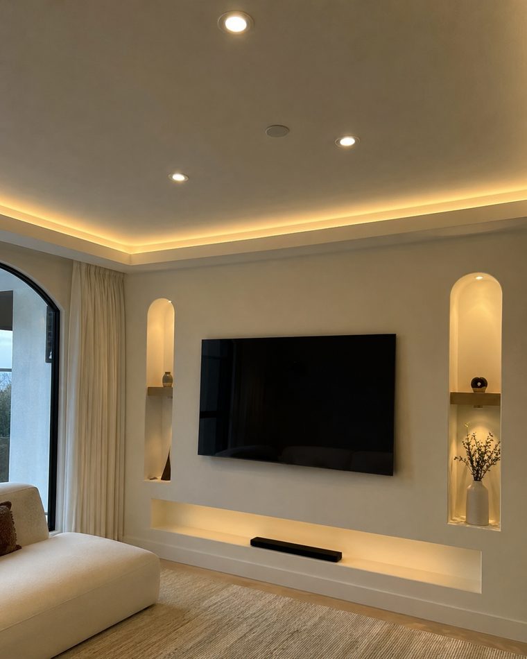 Living room feature wall with cove LED and recessed lighting