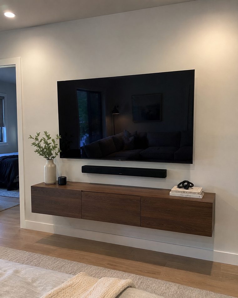 Wall-mounted TV with floating walnut console and soundbar